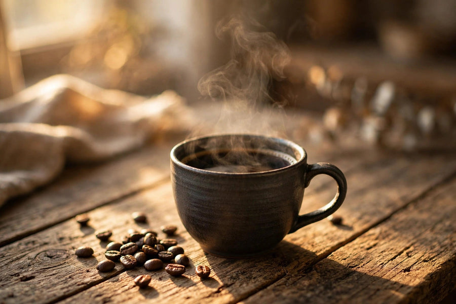 Steaming cup of black coffee with coffee beans on a rustic wooden table