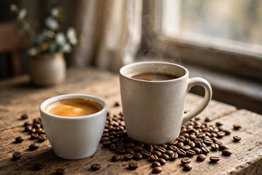 Small cup of espresso and mug of drip coffee on a wooden table with roasted coffee beans