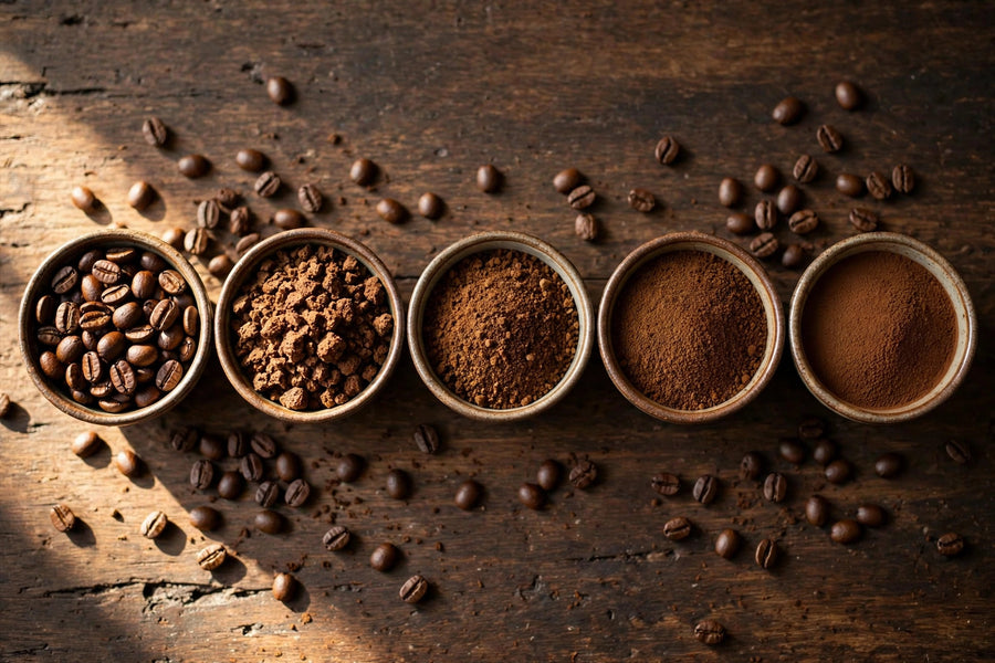 Coffee grind size chart showing five grind levels from extra fine to extra coarse