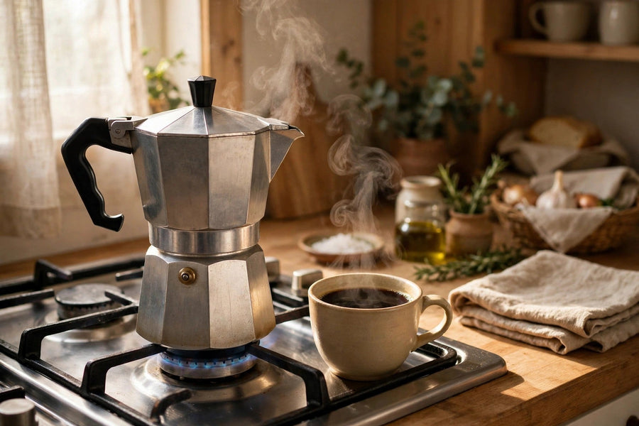 Moka pot brewing on a stovetop beside a cup of coffee