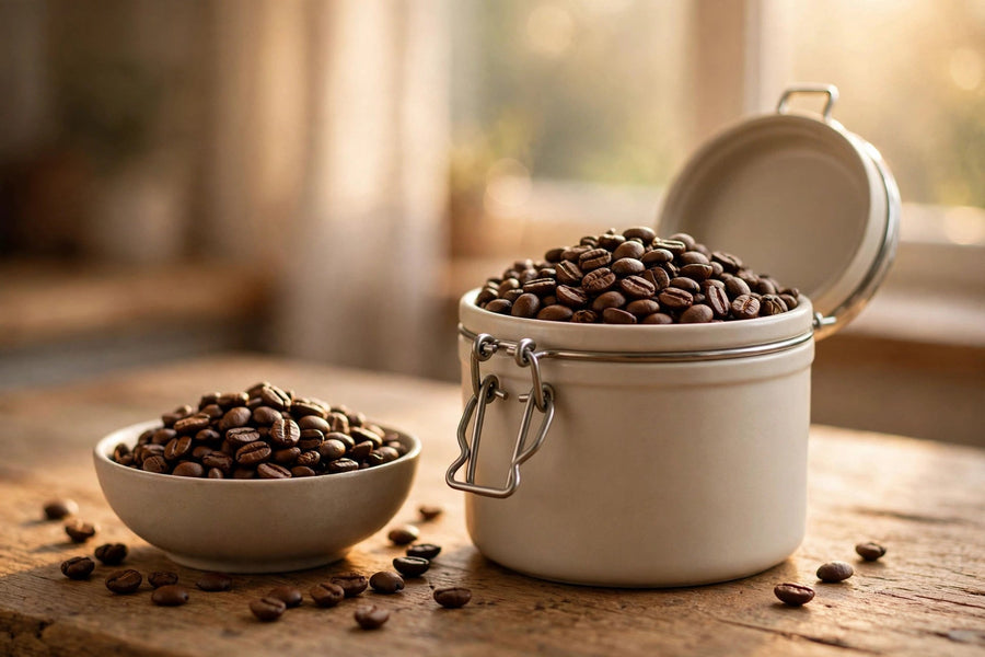 Coffee beans stored in an airtight ceramic canister
