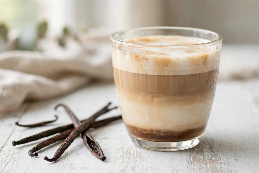 Creamy vanilla latte in a glass cup